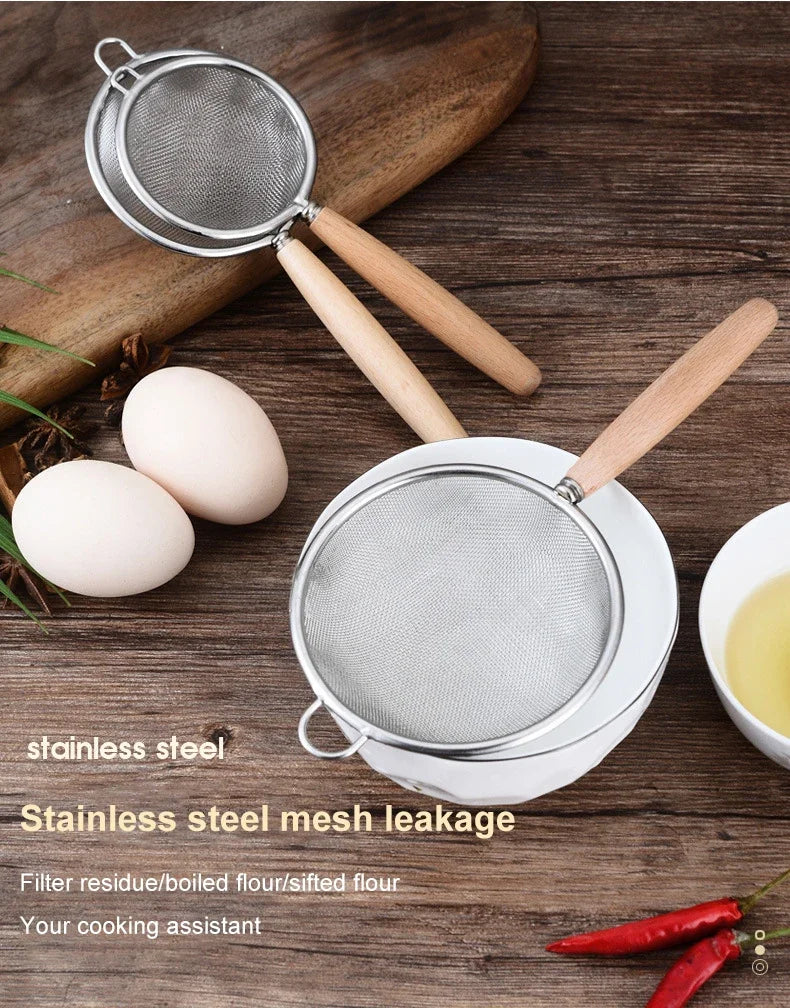 Stainless Steel Mesh Filter Spoon with Wooden Handle for Household Kitchen